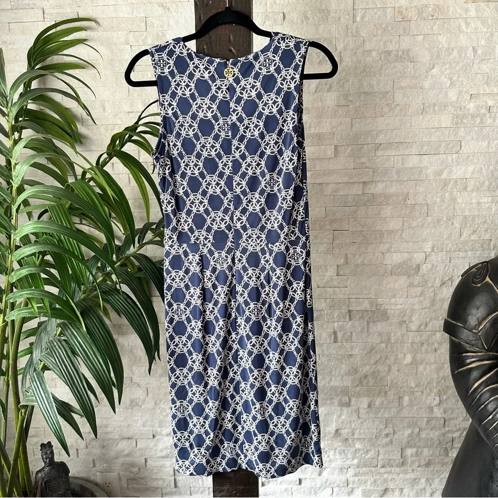 TORY BURCH Navy Blue “Nicola” Chain Print Jersey 100% Silk Knit Dress Size S